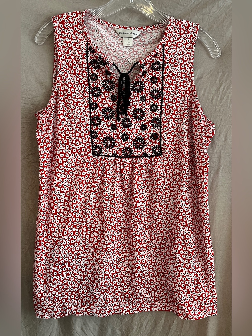 Christopher & Banks Red and White Floral Sleeveless Tie-Neck Tank